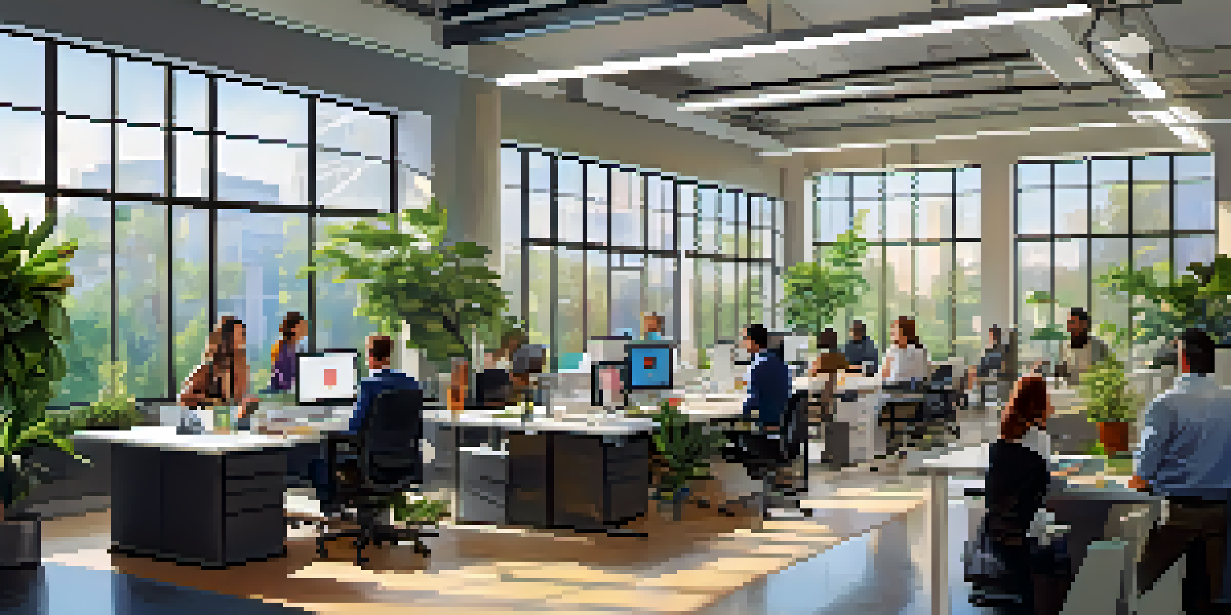 A bright and modern office where diverse employees are collaborating at a large table, surrounded by plants and motivational art.