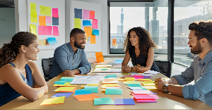 A diverse group of professionals collaborating in a bright conference room filled with sticky notes and mind maps.