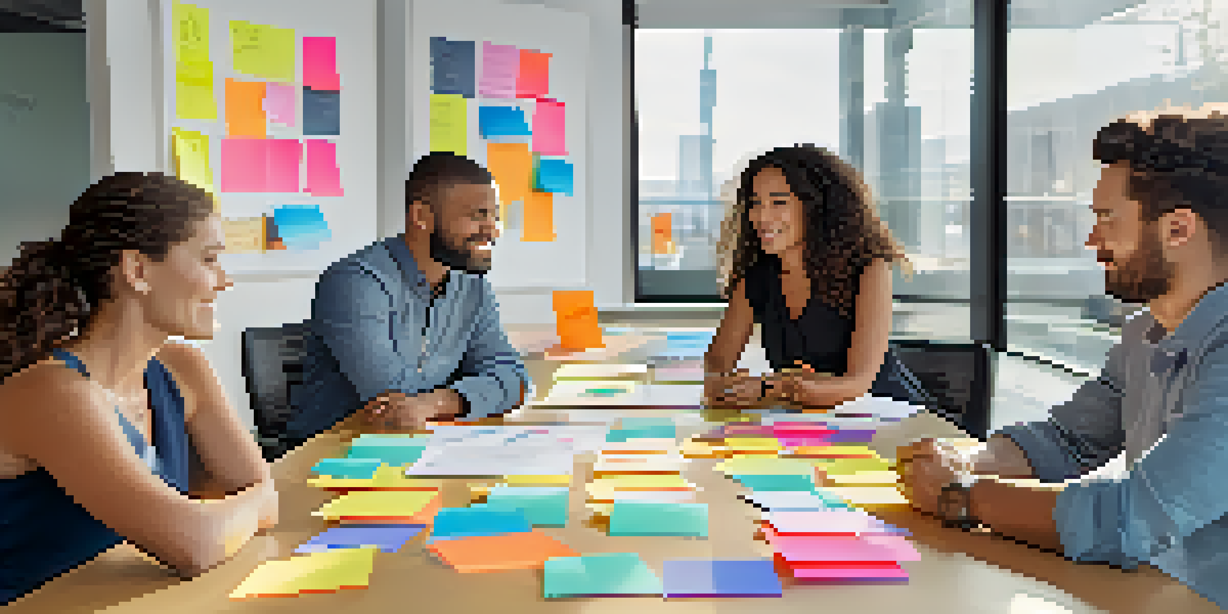 A diverse group of professionals collaborating in a bright conference room filled with sticky notes and mind maps.