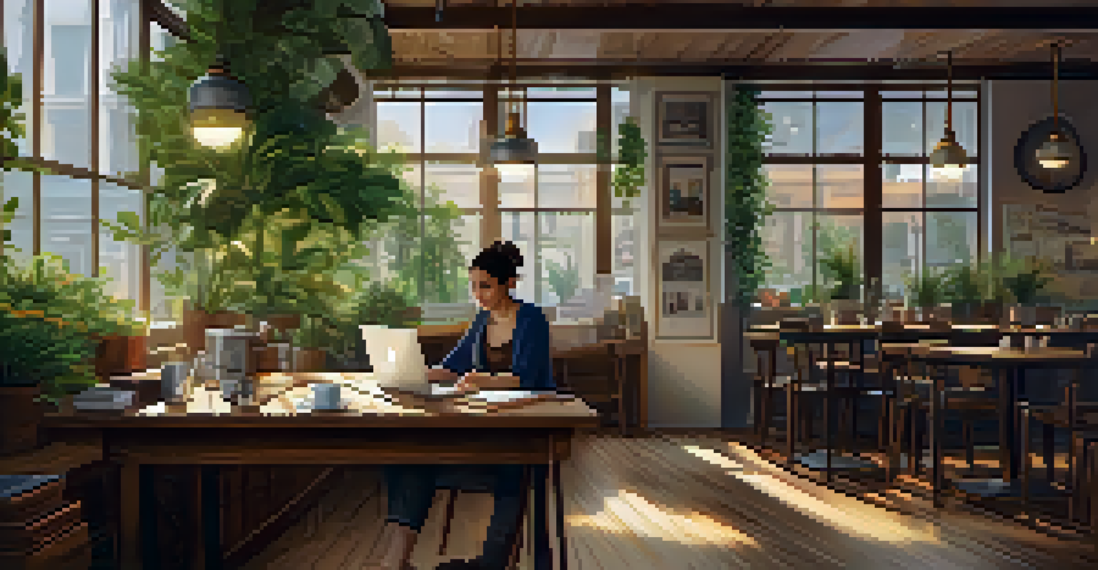 A person working on a laptop in a cozy café, surrounded by plants and notebooks, creating a relaxed work environment.