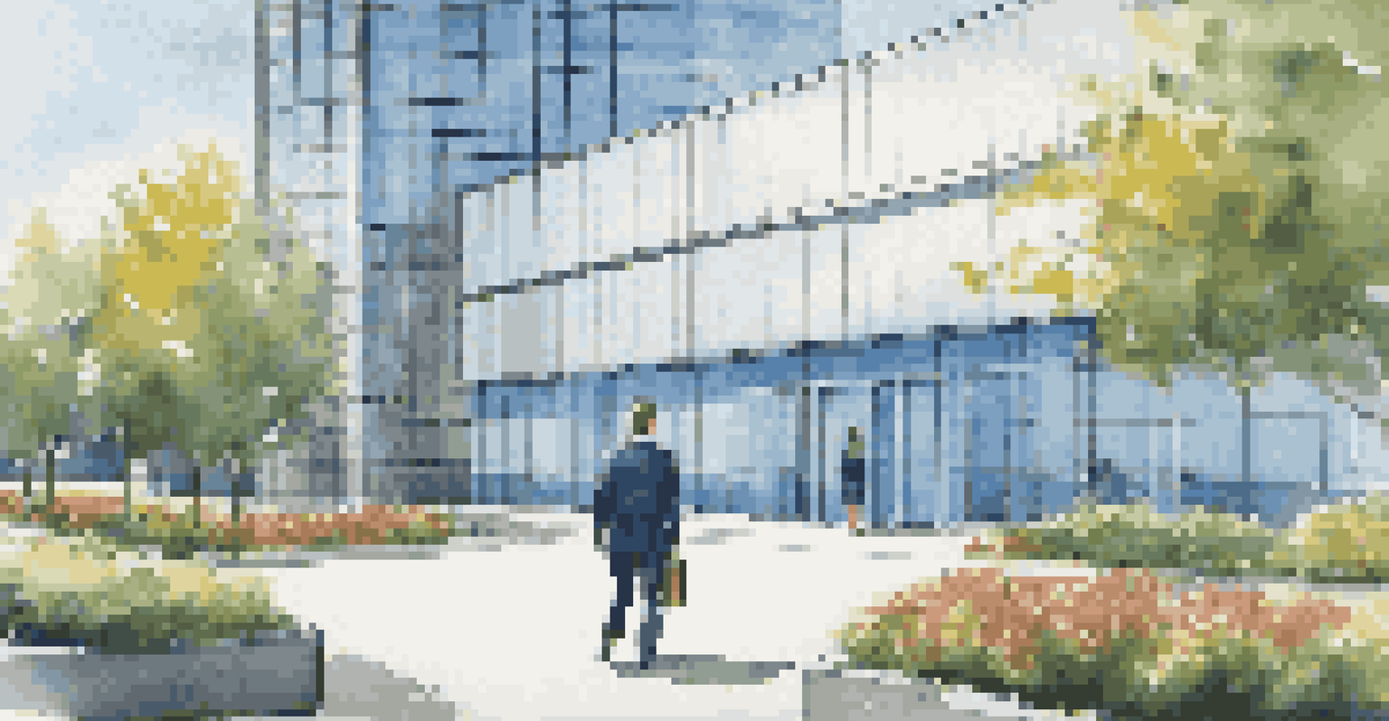 A person in business casual attire confidently approaching a modern corporate office for a job shadowing opportunity.