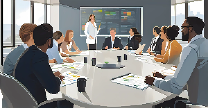 A diverse group of colleagues in a well-lit conference room actively participating in a feedback session around a modern table, with a whiteboard in the background.
