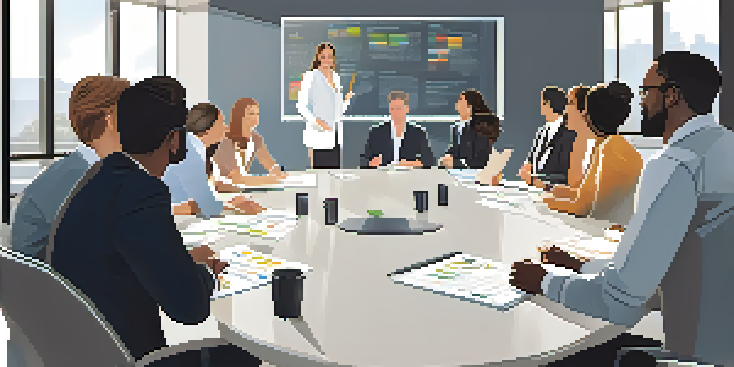 A diverse group of colleagues in a well-lit conference room actively participating in a feedback session around a modern table, with a whiteboard in the background.