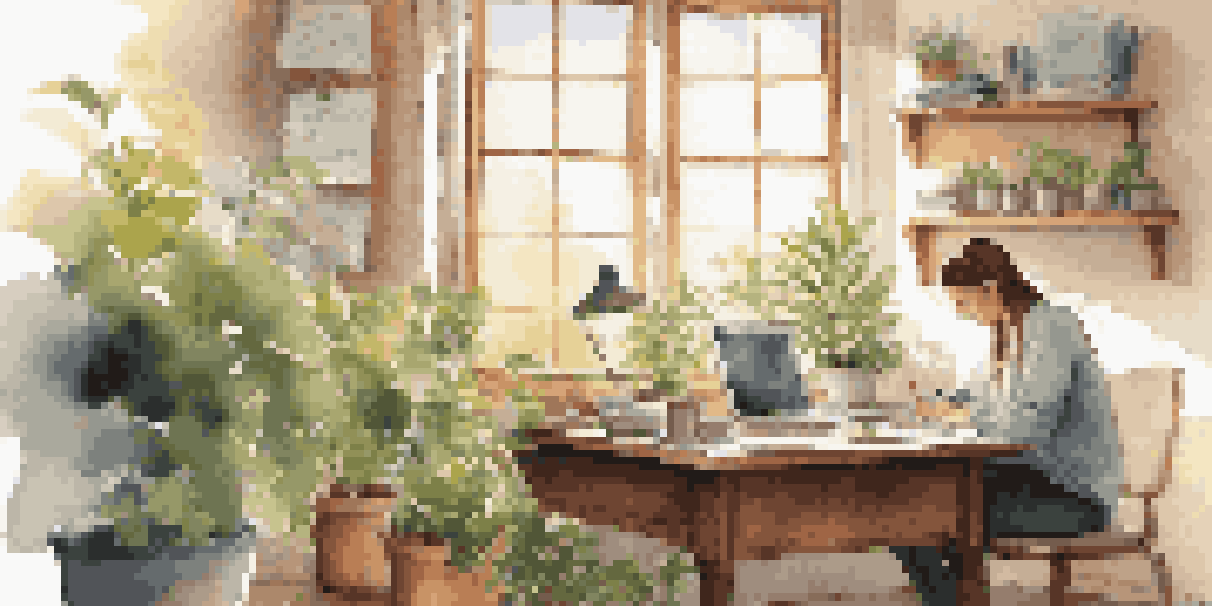 A person writing in a journal at a wooden desk in a sunlit office, surrounded by plants and a steaming cup of tea.