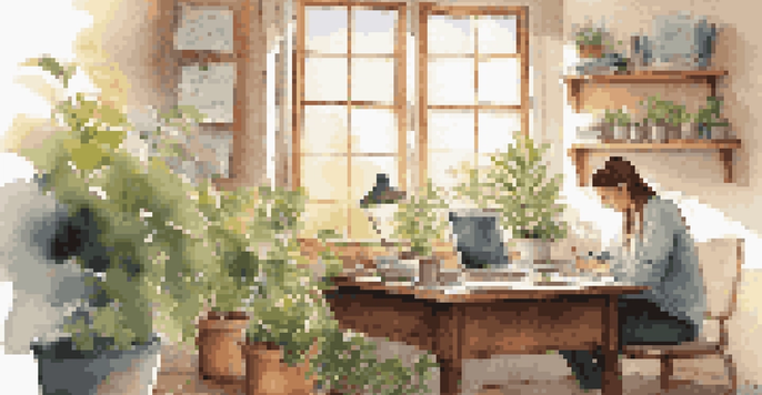 A person writing in a journal at a wooden desk in a sunlit office, surrounded by plants and a steaming cup of tea.