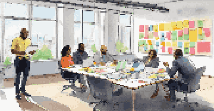 A diverse group of professionals collaborating around a conference table, with sticky notes and laptops, showcasing different personality traits in a well-lit room.