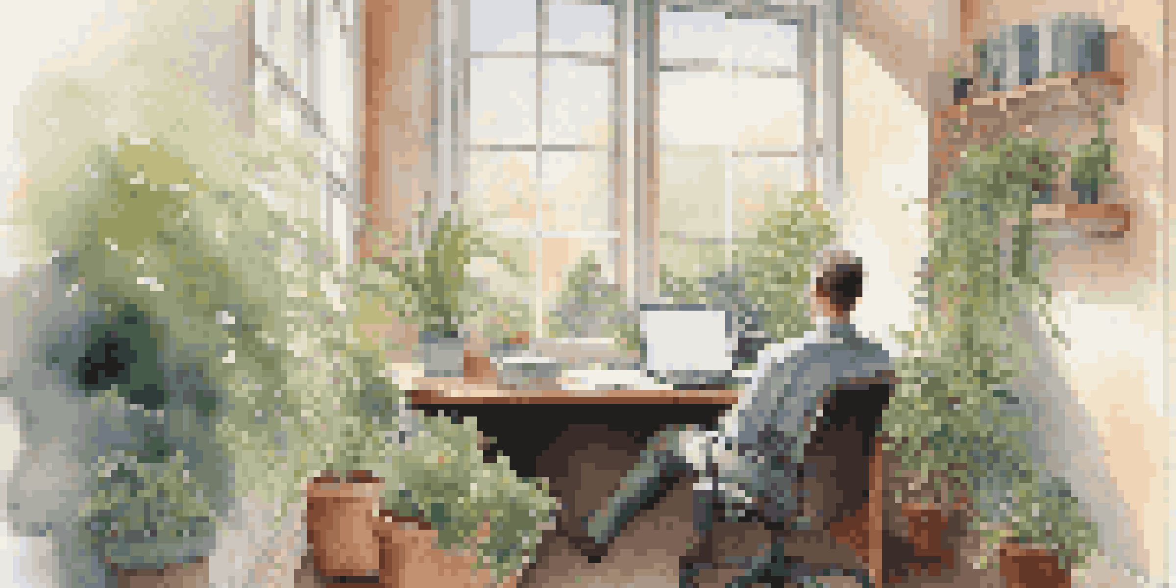 A person in a bright office space, reflecting on job applications with natural light streaming through a window and plants around.