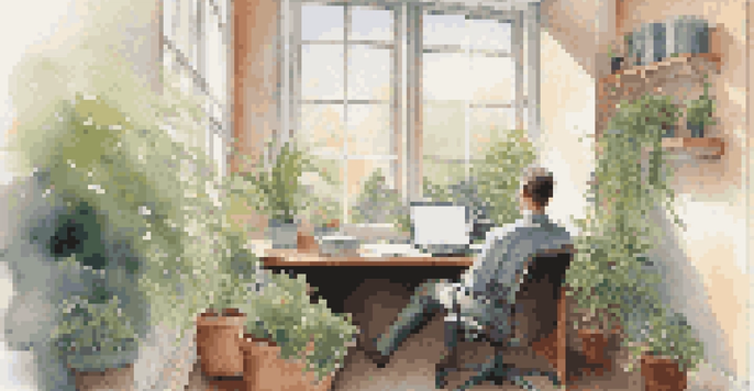 A person in a bright office space, reflecting on job applications with natural light streaming through a window and plants around.