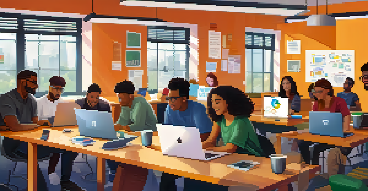 A diverse group of people in a coding bootcamp, collaborating around laptops in a bright and modern classroom.