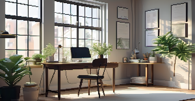 A tidy workspace with a plant, natural light, and motivational quotes on the wall, creating a calm environment for work.