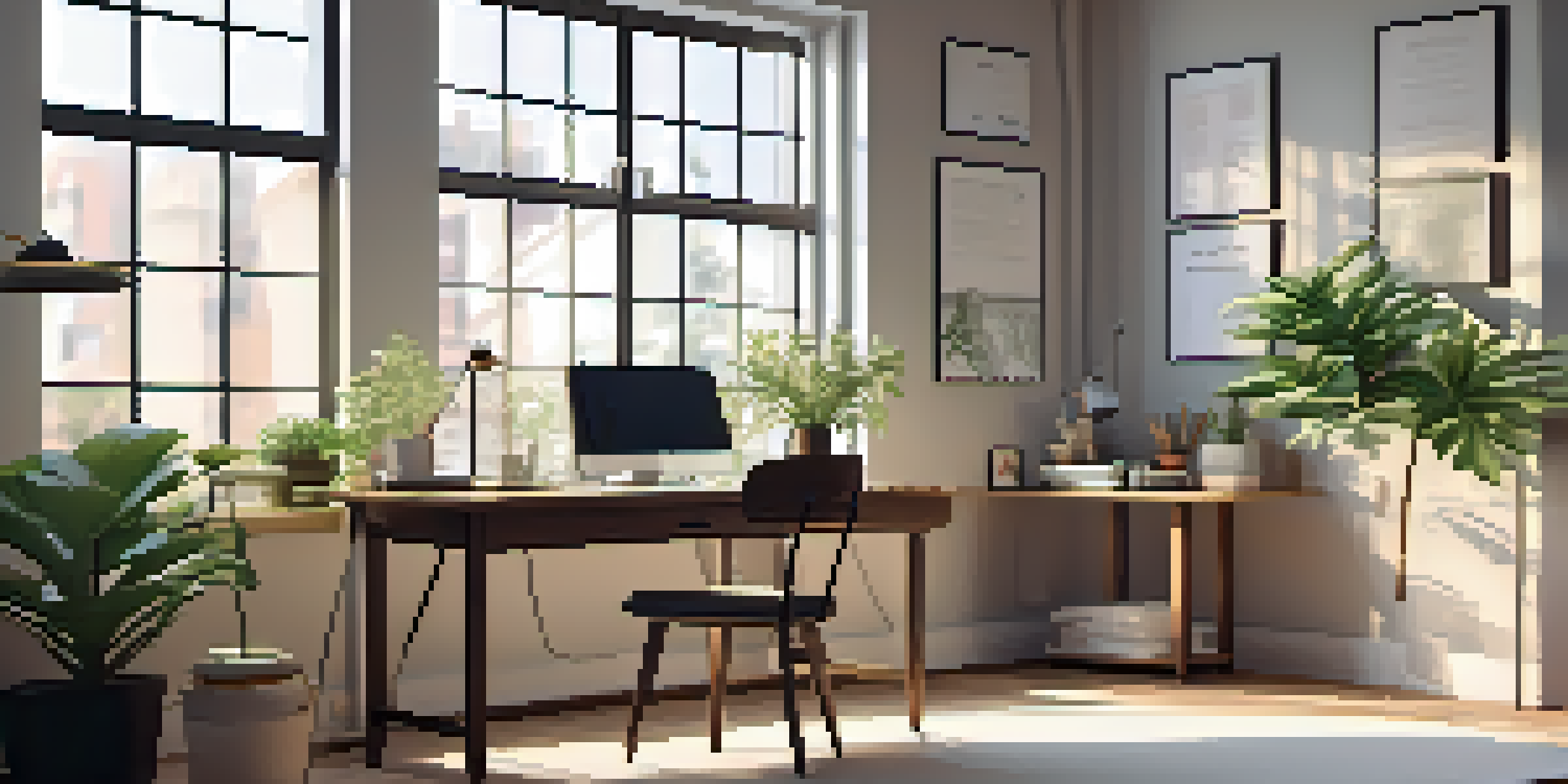 A tidy workspace with a plant, natural light, and motivational quotes on the wall, creating a calm environment for work.