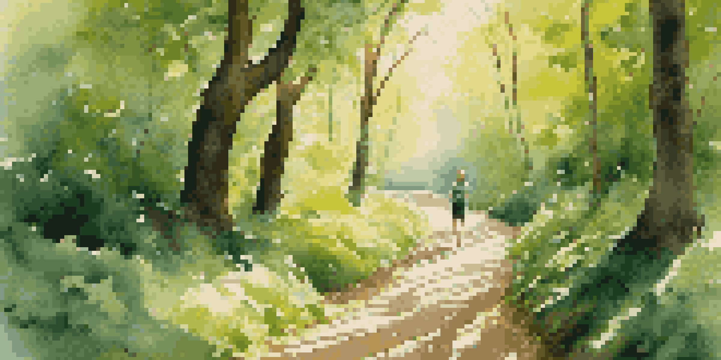 A person walking along a winding path in a green forest, with sunlight shining through the trees.