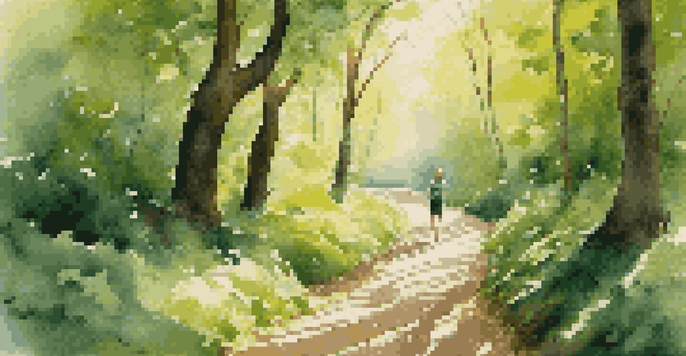 A person walking along a winding path in a green forest, with sunlight shining through the trees.