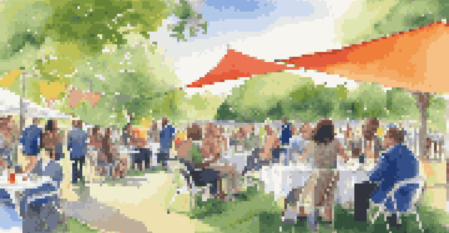Professionals networking in a park during an outdoor event, surrounded by greenery and a clear blue sky.