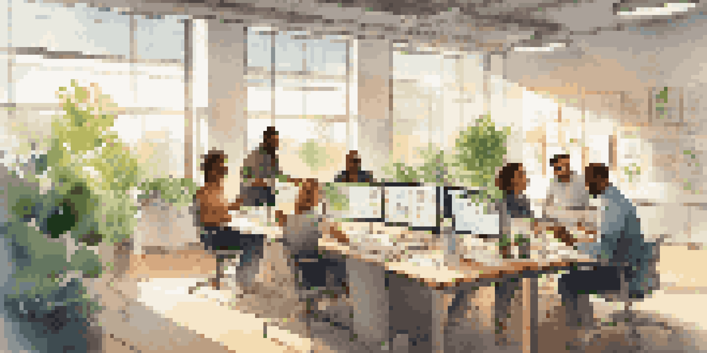A bright and modern office with diverse employees working together at a large table, showcasing teamwork and collaboration.
