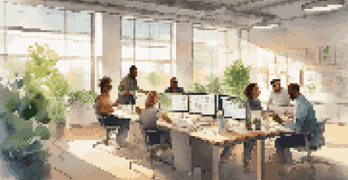 A bright and modern office with diverse employees working together at a large table, showcasing teamwork and collaboration.