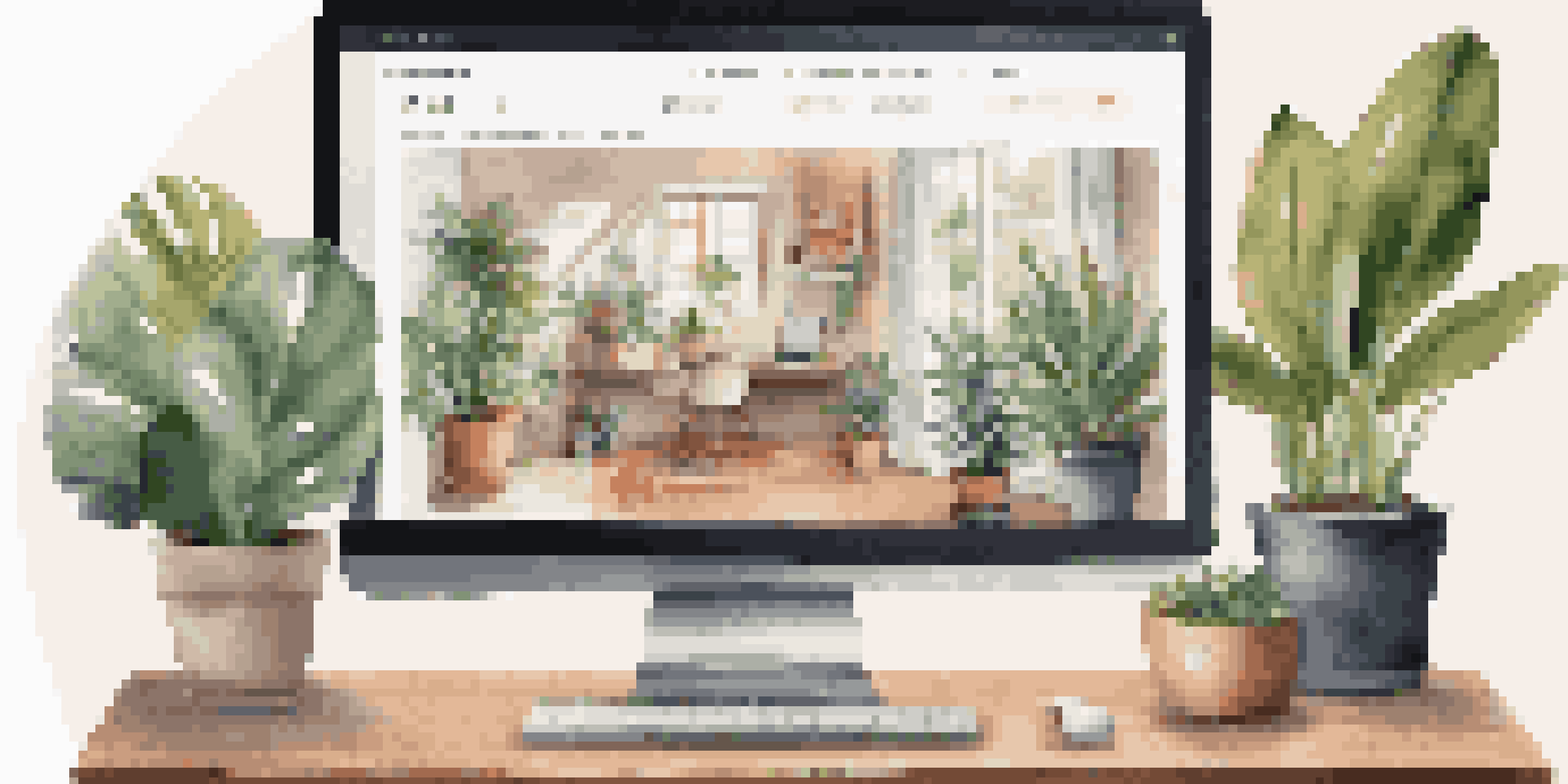 A laptop displaying a modern freelance portfolio on a wooden desk surrounded by plants and soft light.