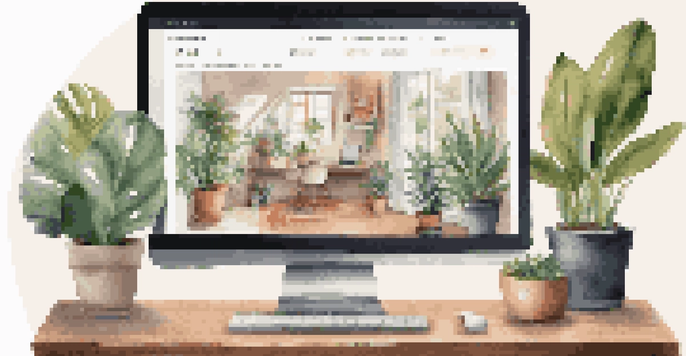 A laptop displaying a modern freelance portfolio on a wooden desk surrounded by plants and soft light.