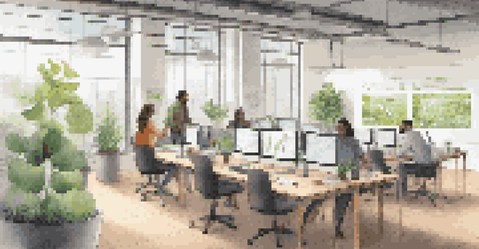 A bright workspace with diverse professionals working together on renewable energy projects, surrounded by plants and technology.