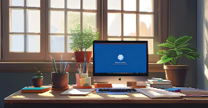A cozy workspace featuring a wooden desk with an open laptop, notebooks, stationery, and a potted plant, illuminated by soft natural light.