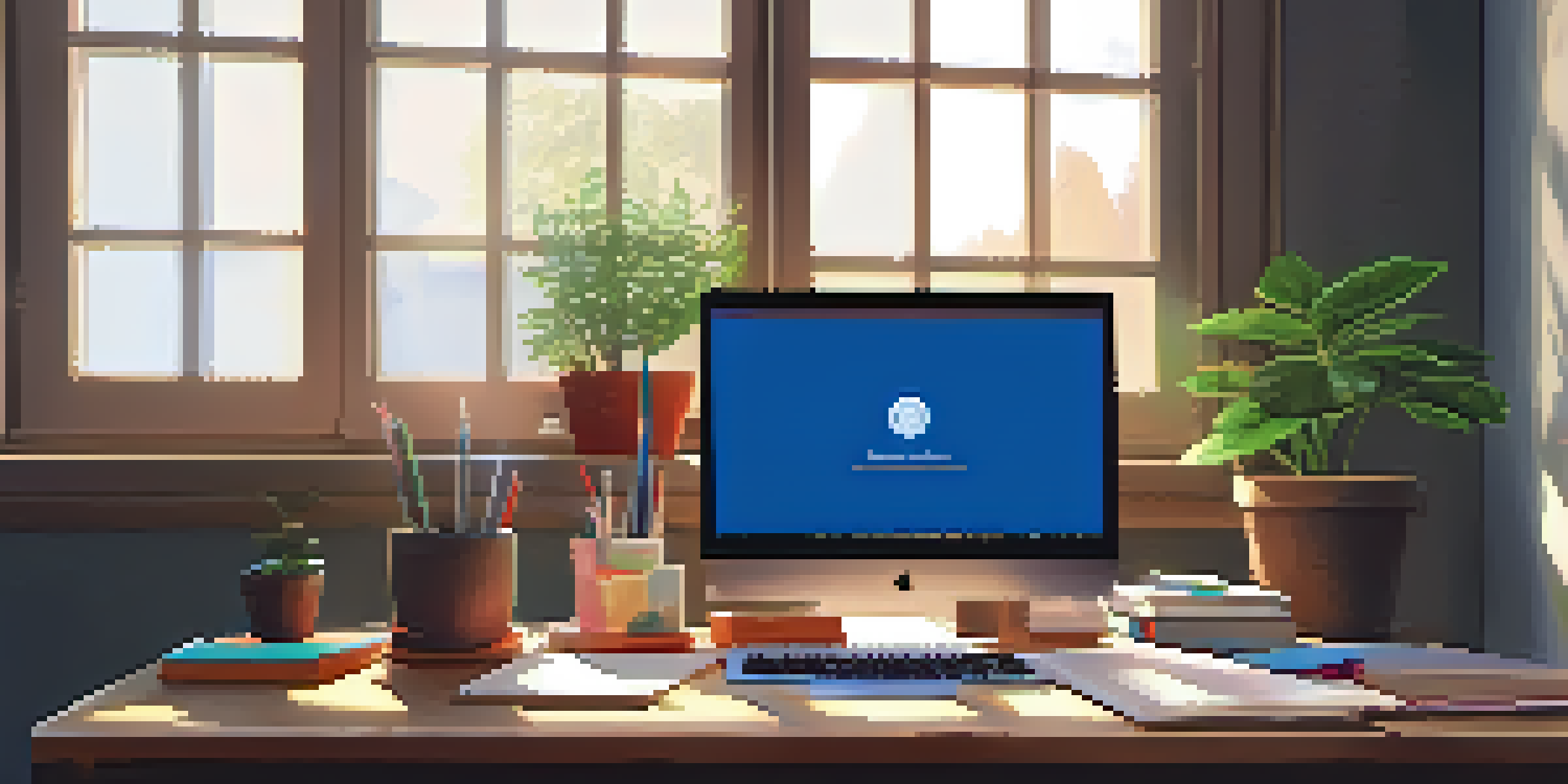 A cozy workspace featuring a wooden desk with an open laptop, notebooks, stationery, and a potted plant, illuminated by soft natural light.