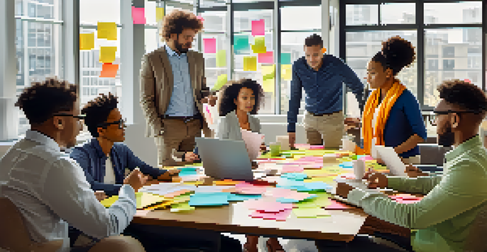 A diverse group of professionals brainstorming together at a table with sticky notes and laptops, illuminated by natural light.