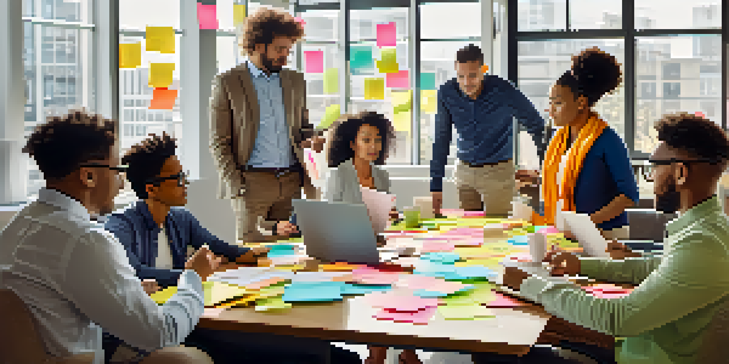 A diverse group of professionals brainstorming together at a table with sticky notes and laptops, illuminated by natural light.