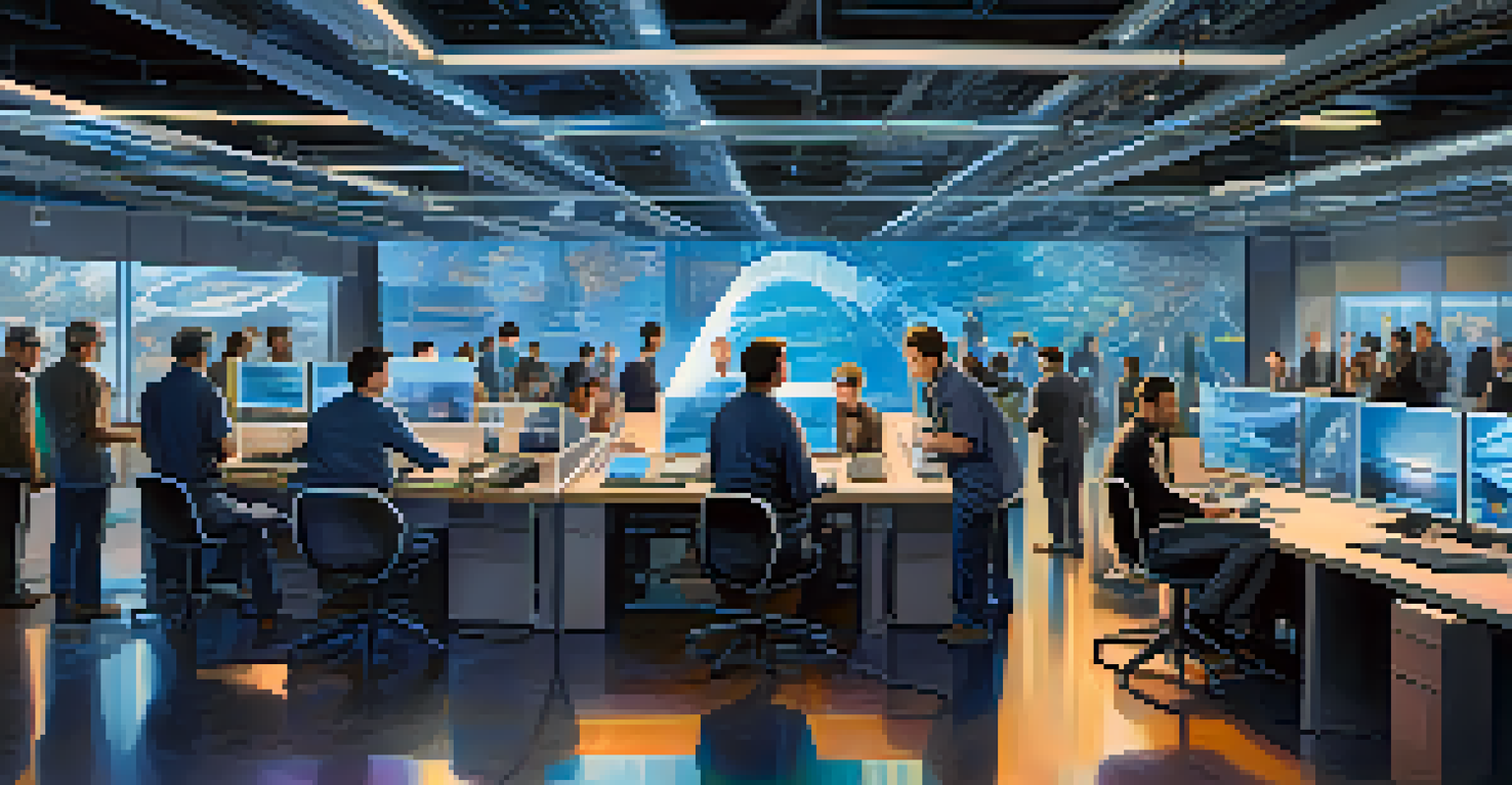 A diverse team of engineers working on AI and quantum computing at a futuristic workstation.