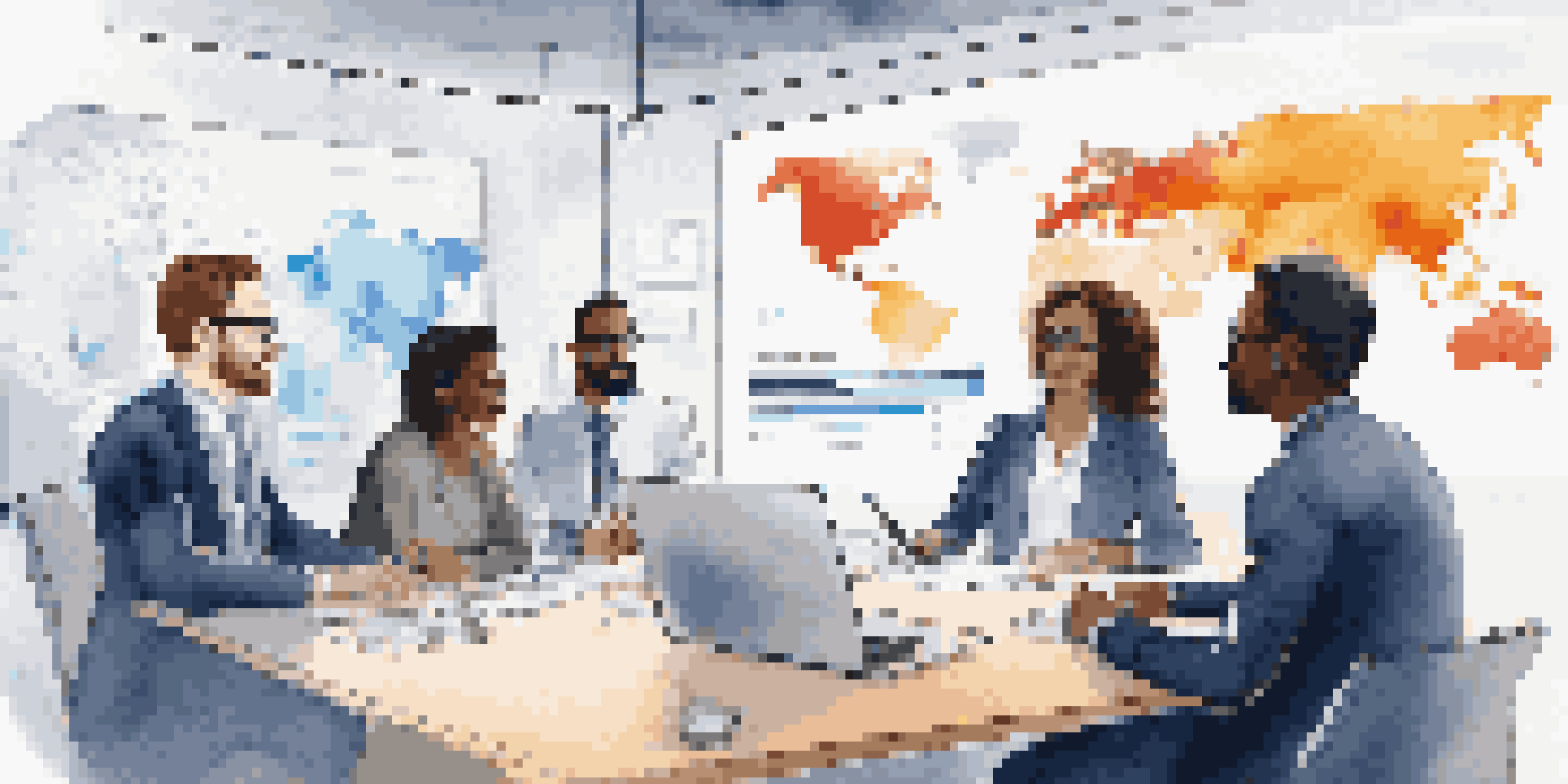 A virtual meeting featuring diverse professionals from different countries, showcasing a modern office setup with a world map on the screen.