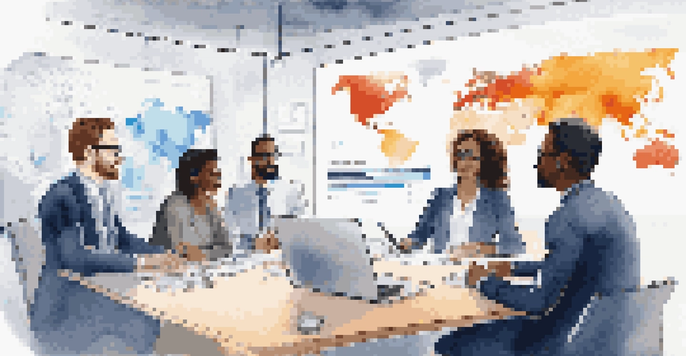 A virtual meeting featuring diverse professionals from different countries, showcasing a modern office setup with a world map on the screen.