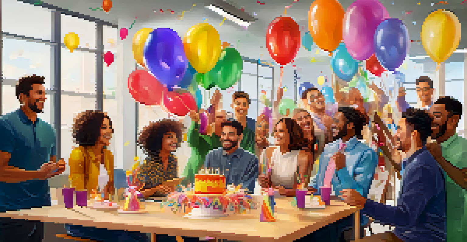 Team members celebrating a project milestone in a decorated office with balloons and a cake, filled with joy and applause.