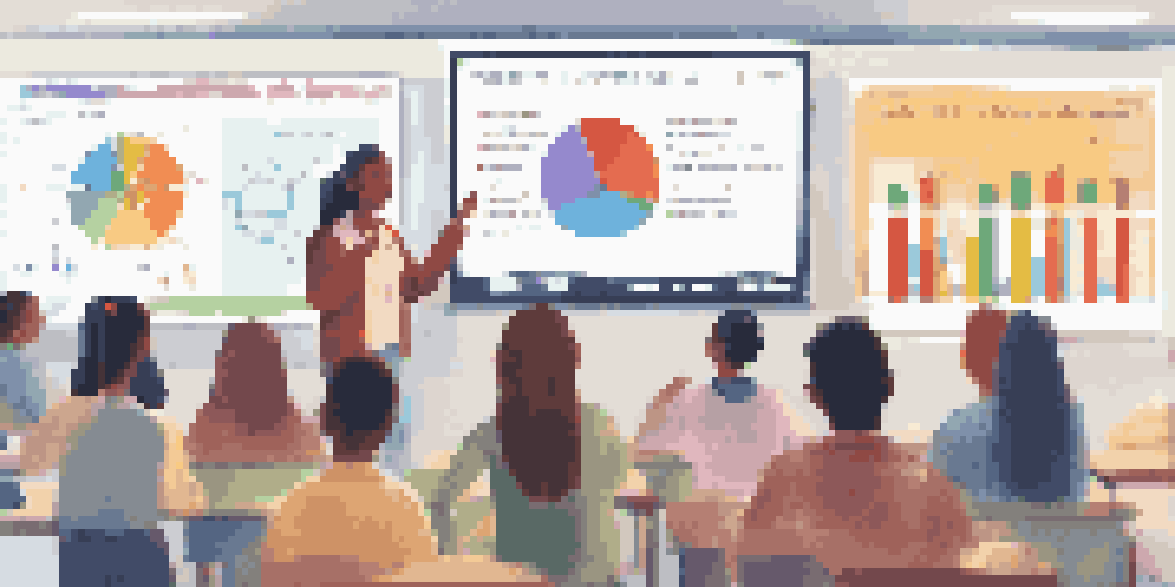 A teacher presenting an infographic on a digital screen in a classroom, engaging diverse students with colorful charts.