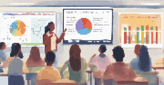 A teacher presenting an infographic on a digital screen in a classroom, engaging diverse students with colorful charts.