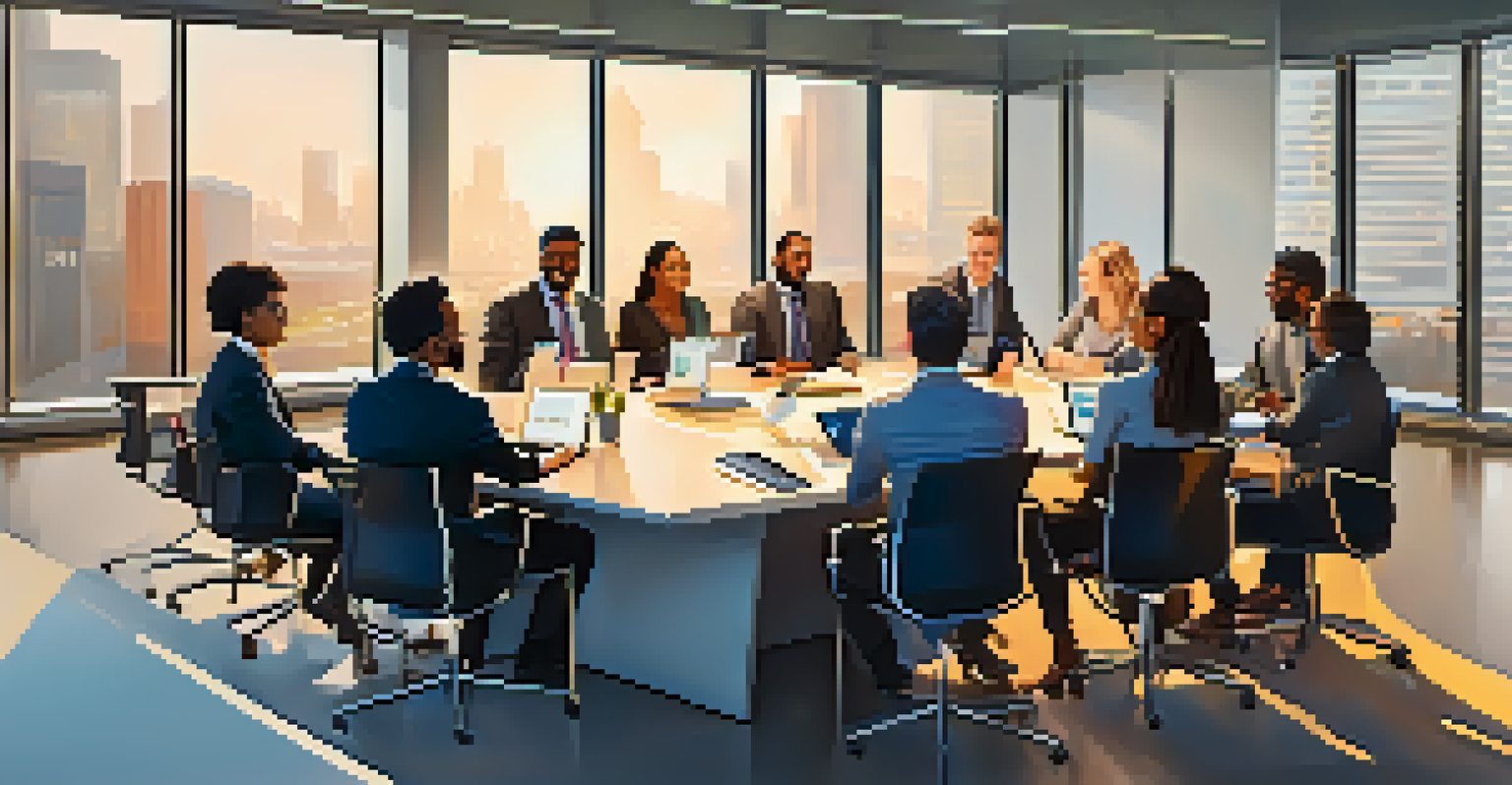 A diverse group of colleagues having a lively discussion around a conference table, with laptops and notepads present.