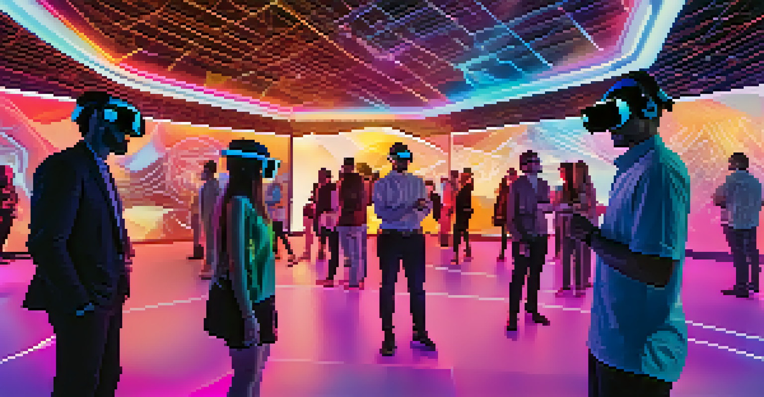 A futuristic virtual reality networking event with holographic avatars interacting in a colorful digital environment.