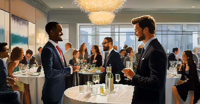 A group of professionals at a networking event, smiling and engaging in conversation in a modern venue.