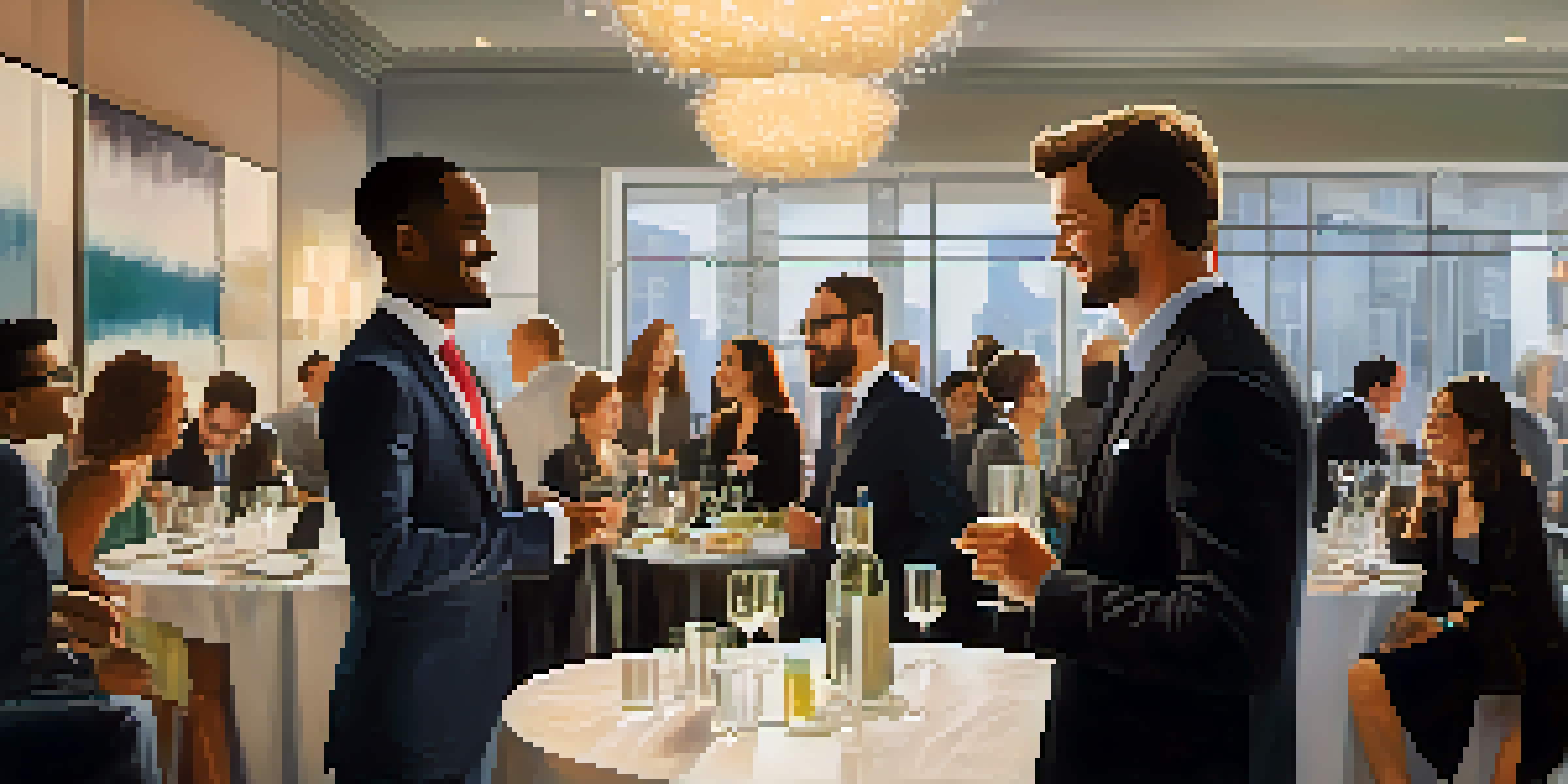 A group of professionals at a networking event, smiling and engaging in conversation in a modern venue.