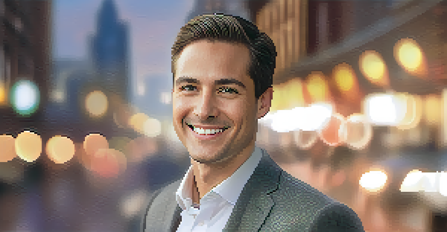 A professional headshot of a smiling person in business attire against a blurred city background, radiating confidence and approachability.