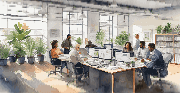 A diverse team of professionals collaborating in a modern office with natural light and indoor plants.