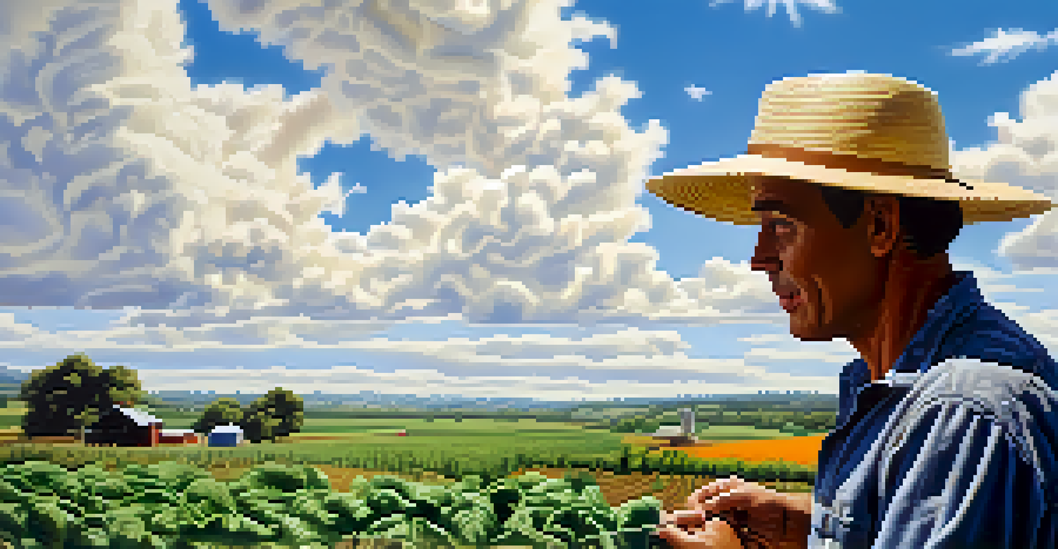 A farmer in a straw hat examining fresh organic produce in a sustainable agricultural setting with healthy crops and a blue sky.