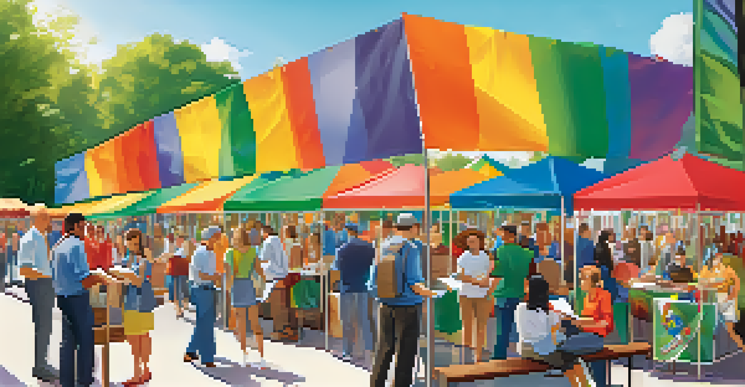 A vibrant outdoor job fair with booths, job seekers interacting with recruiters, and sunny weather.