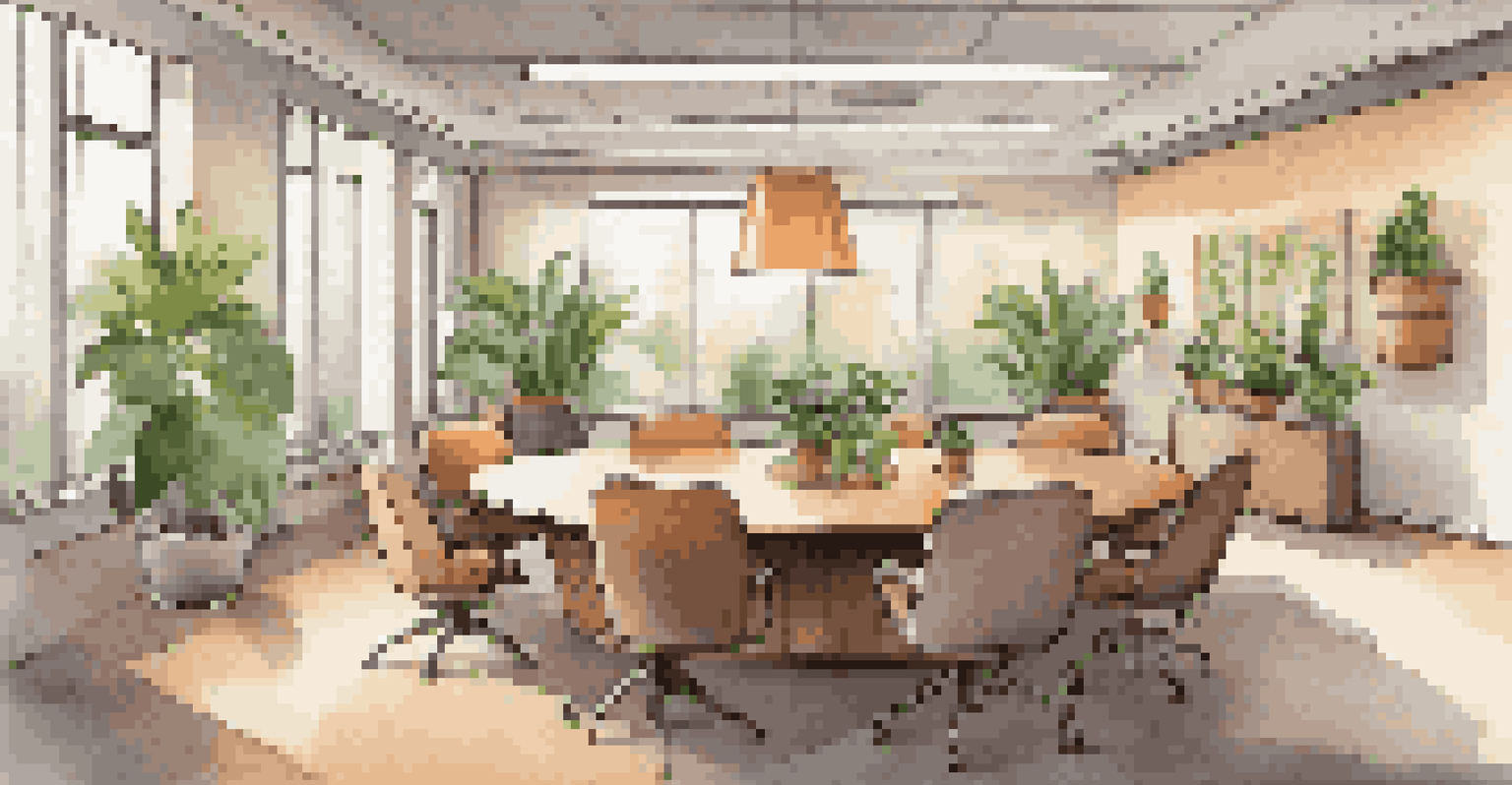 A cozy meeting room with a round table, chairs, and motivational art on the walls, illuminated by warm lighting.