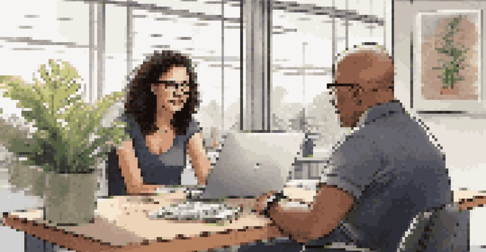 A mentor showing a presentation on a laptop to a young mentee in a bright office, with plants and motivational posters around them.