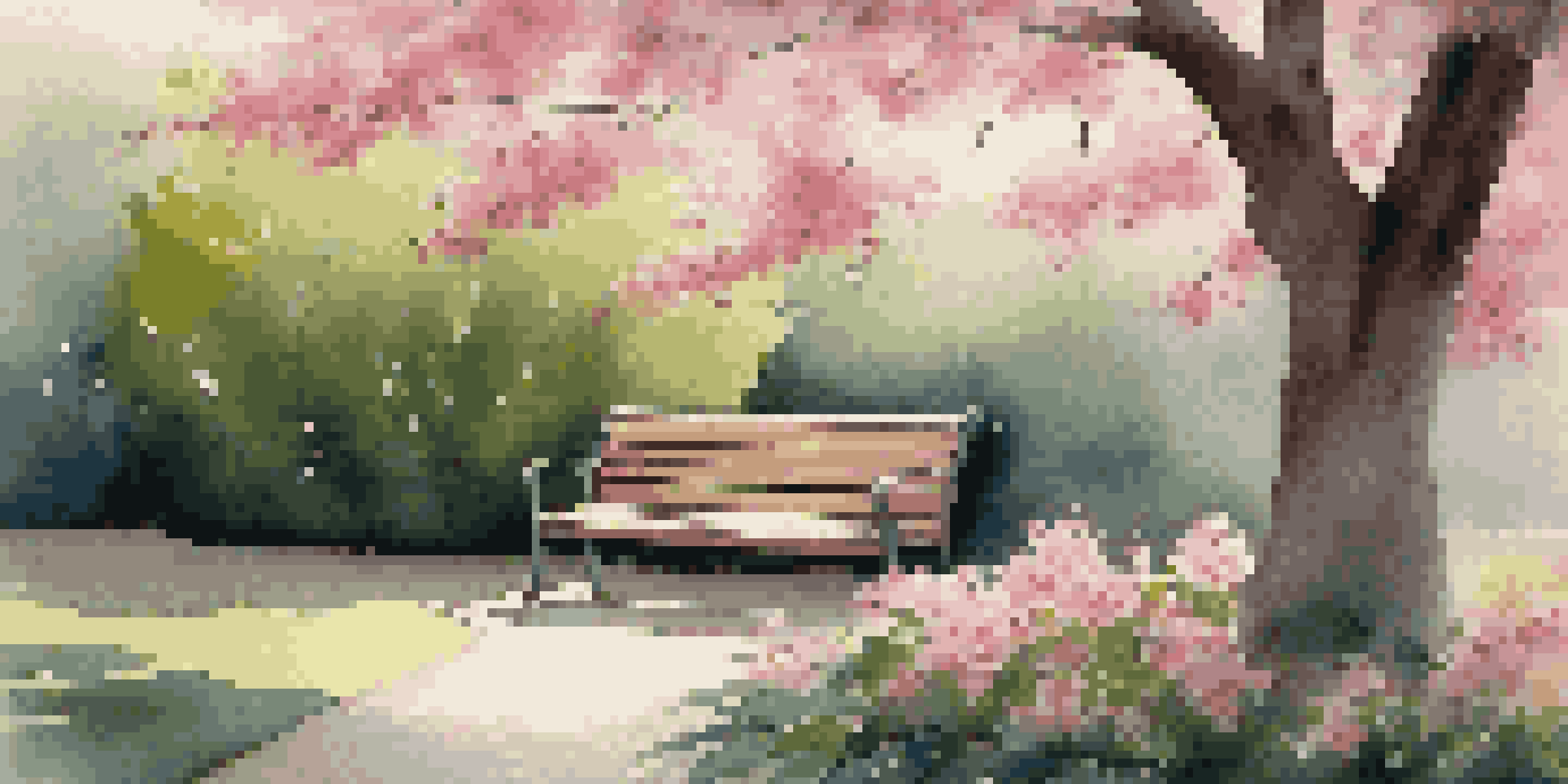 A peaceful garden scene featuring vibrant flowers, a wooden bench, and a cherry blossom tree with sunlight filtering through the branches.