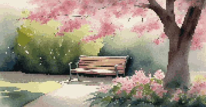 A peaceful garden scene featuring vibrant flowers, a wooden bench, and a cherry blossom tree with sunlight filtering through the branches.