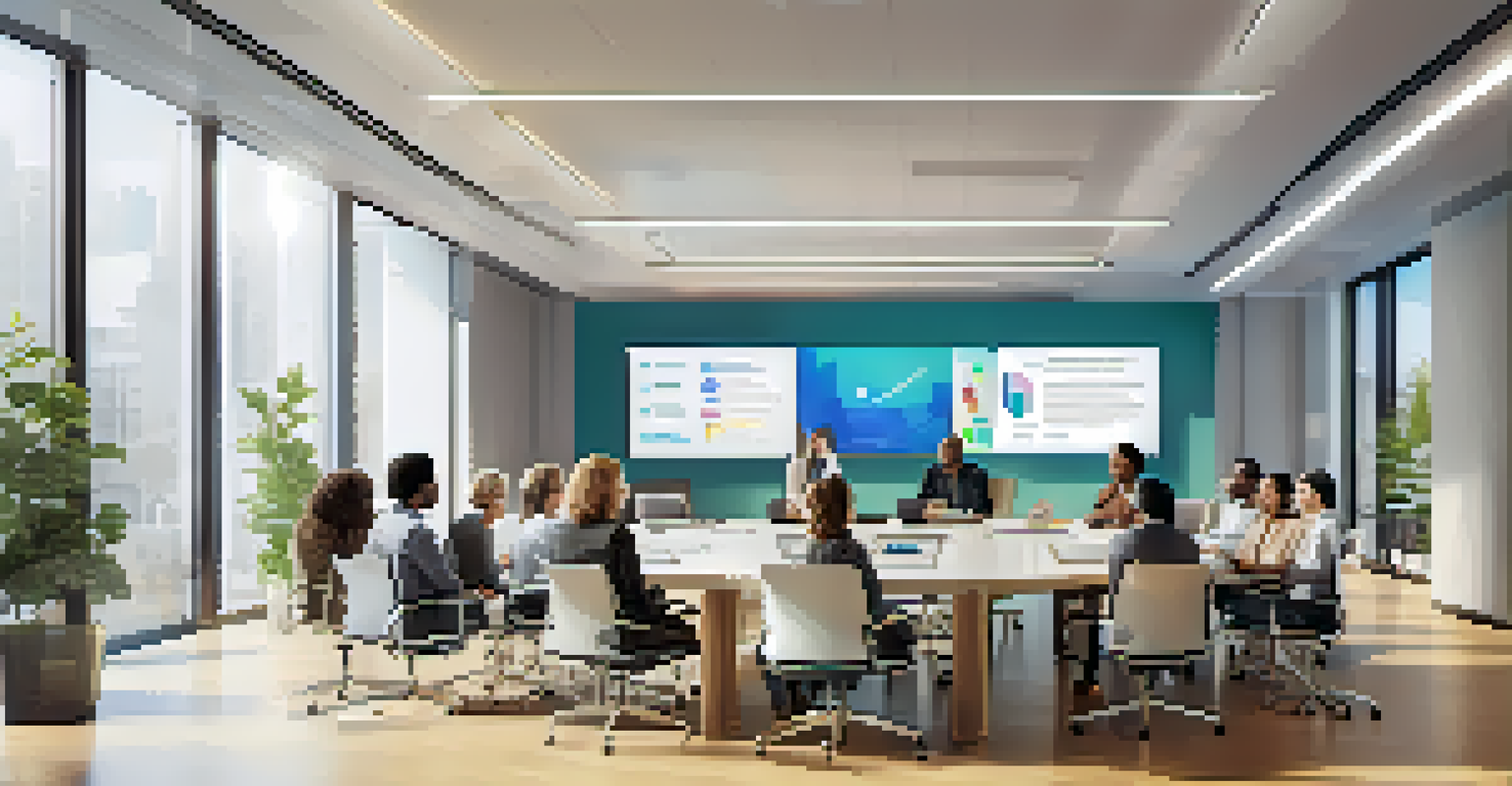 A diverse team of professionals working together in a bright conference room with large screens and flexible seating.