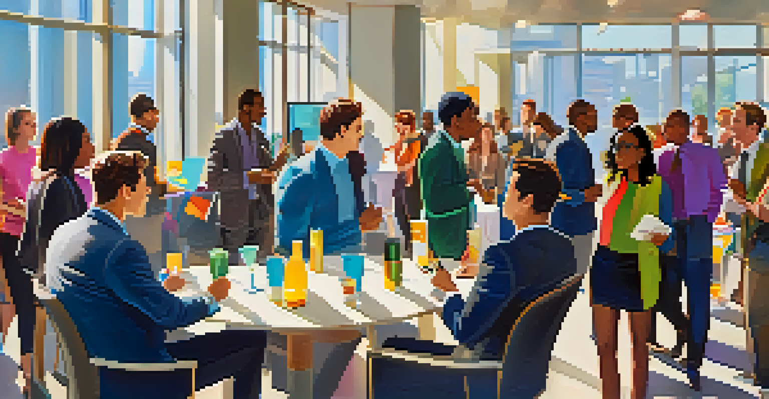 A lively networking event in a contemporary office space, with diverse young professionals mingling and exchanging business cards, surrounded by colorful banners.