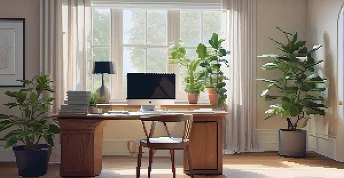 A cozy home office with a wooden desk, ergonomic chair, laptop on a video call, and a potted plant.