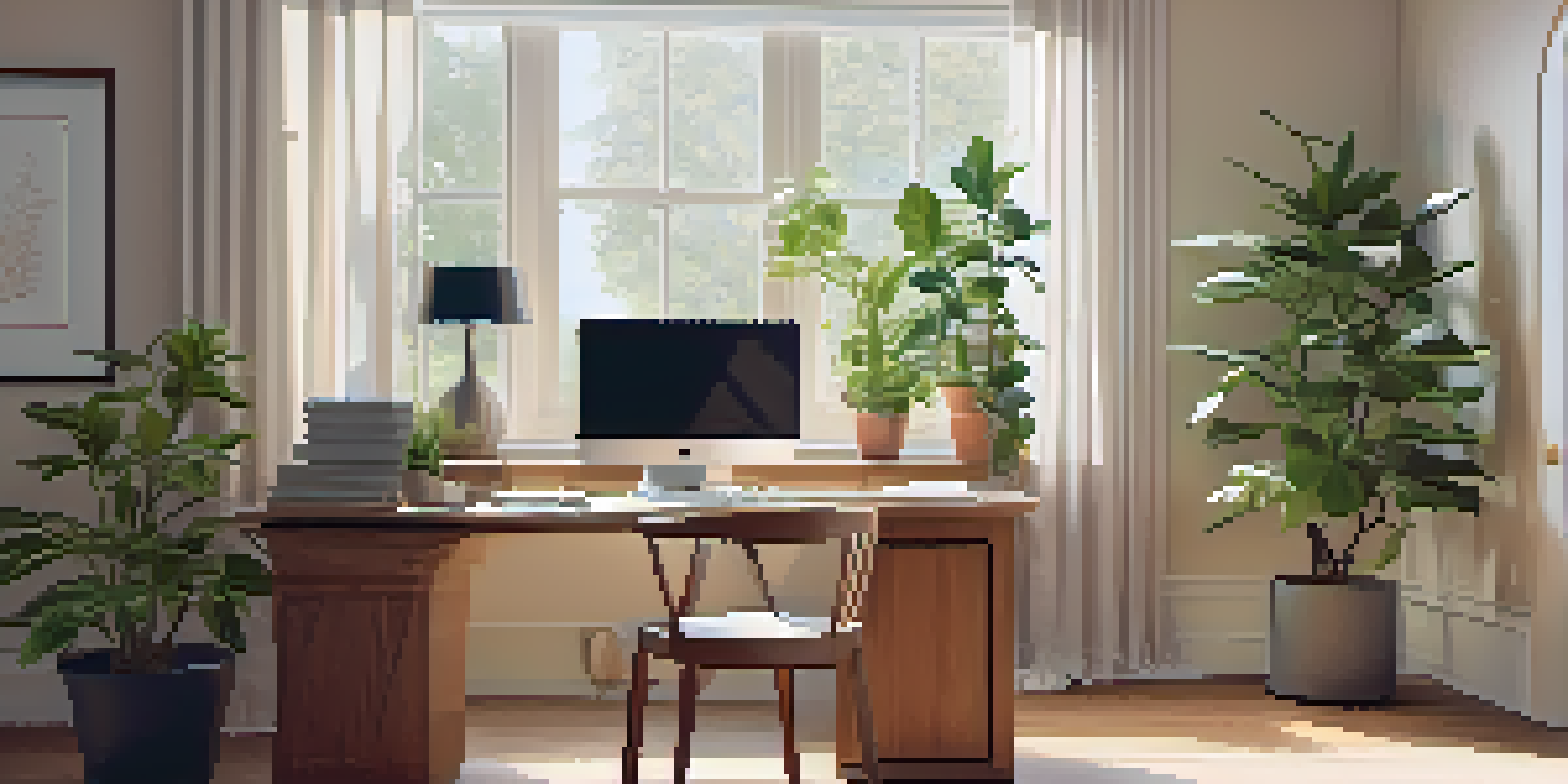 A cozy home office with a wooden desk, ergonomic chair, laptop on a video call, and a potted plant.
