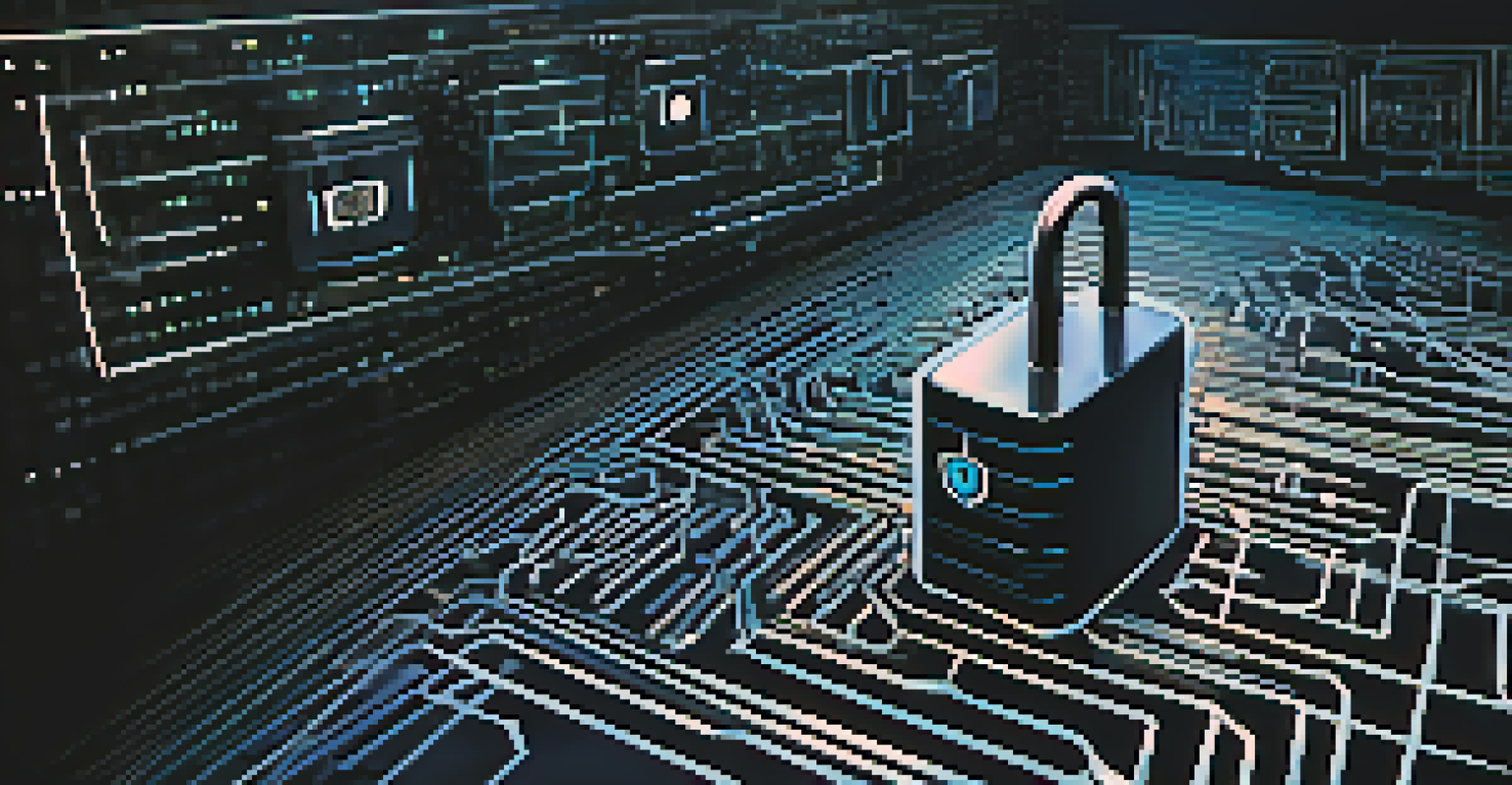 A digital lock with binary code and shadowy figures around it, symbolizing cyber threats in a dark and abstract environment.